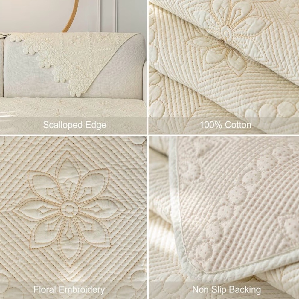 Farmhouse 100% Cotton Quilted Couch Sofa Cover Set Floral Embroidered Non-Slip - Picture 5 of 7